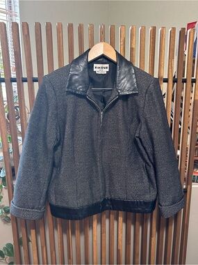 Vintage Joan Leslie Black White Tweed Zip Front Jacket Faux Leather Trim 14P